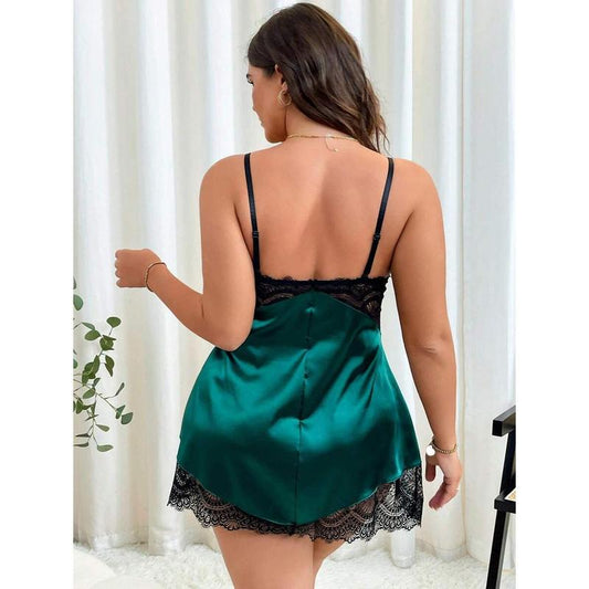 Plus Size Lace Contrast Sexy Chemise Nightgown + G-String Lingerie Set Fabric Sleeve Womenswear Loungewear Pants Panty Party Piece