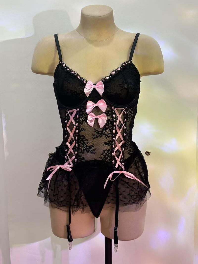 New sexy steel ring gathered temptation transparent mesh bow one-piece sexy underwear