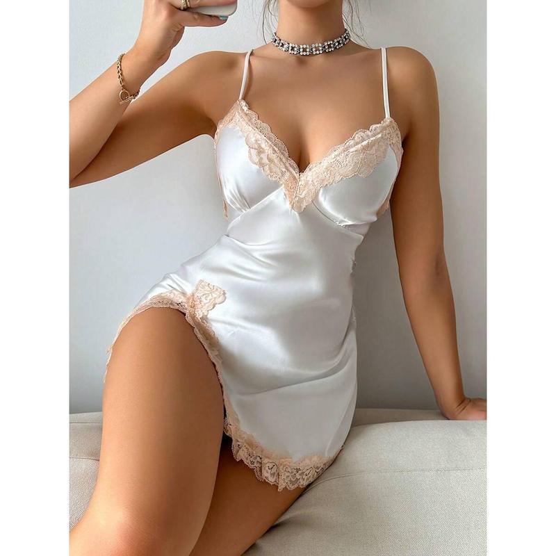 1pc Elegant Lace Trim Silk Nightgown, Sexy Slit Open Style Lingerie, Random Floral Print For Sleepwear & Loungewear Fabric Sleeve Fit Womenswear