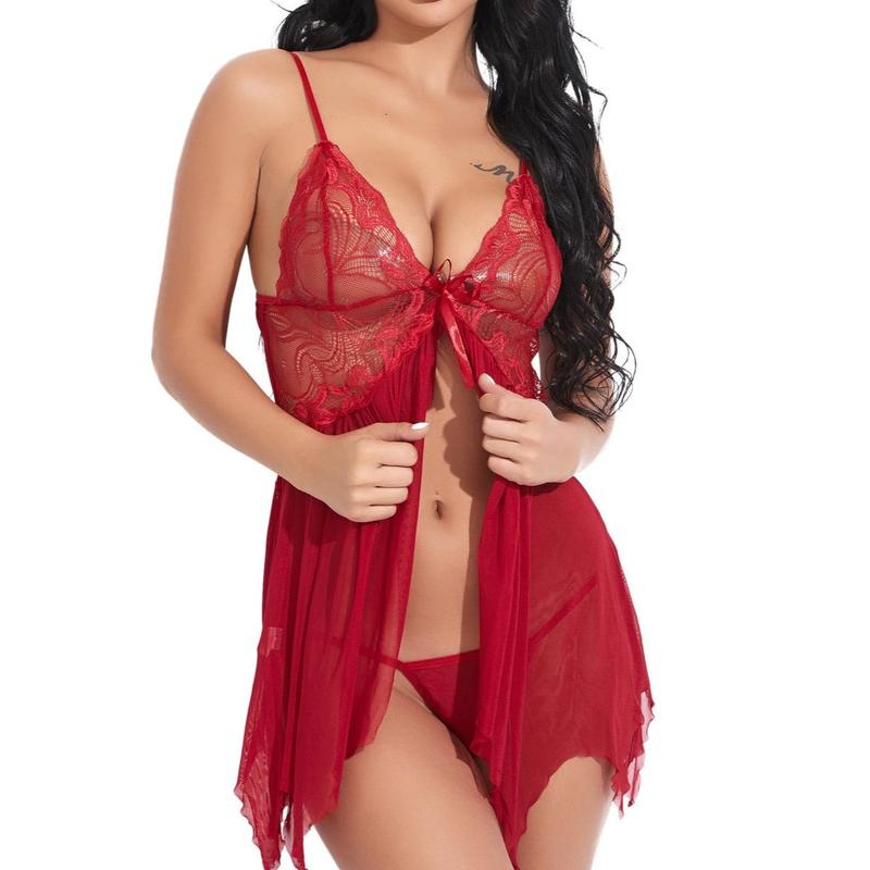 Ugreat Women Plus Size Lingerie Babydoll Dress Lace Chemise Sleepwear Mesh Nightgown with Thong V Floral Sexy night gown women Soft Womenswear