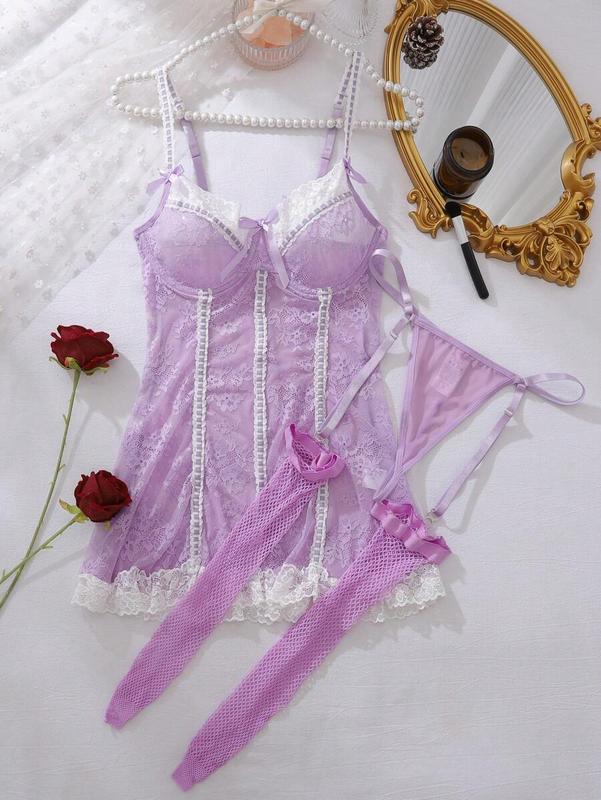 4pcs Romantic Lace Patchwork Ruffle Hem A-Line Nightgown & Stockings Set Fabric Sleeve