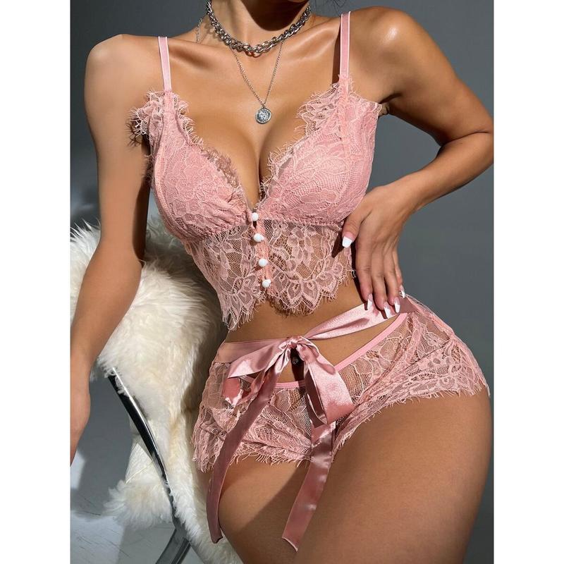 Floral Lace Button Front Bra & Boyshorts Sexy Lingerie Set Womenswear Piece Nightwear Bohemian