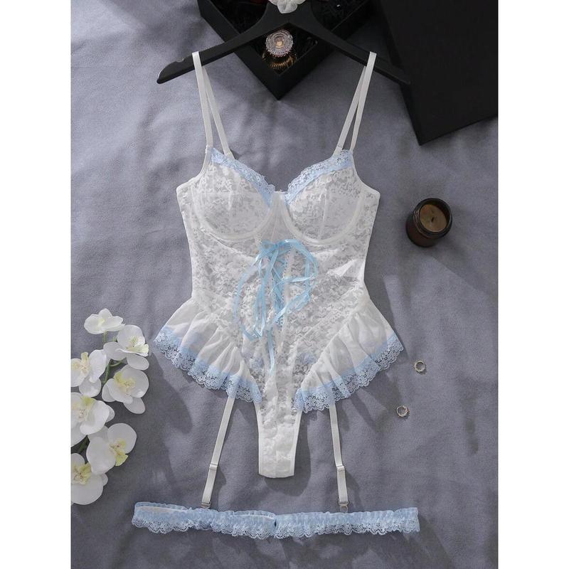 Ladies Romantic Lace Ruffle Trimmed Bodysuit Lingerie Set, 3pcs Womenswear Bra Panty Piece Sleeve Strap Multicolor