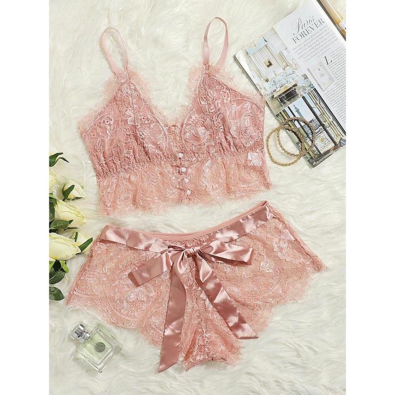 Floral Lace Button Front Bra & Boyshorts Sexy Lingerie Set Womenswear Piece Nightwear Bohemian