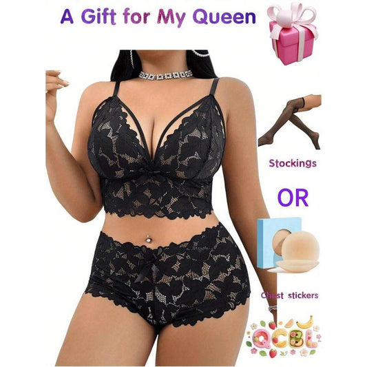 2-Piece Plus Size Women's Non-Wired Lace Bow Bra Set - Comfort Lingerie With Free Gifts, Perfect For Daily & Sleepwear Day Elegance