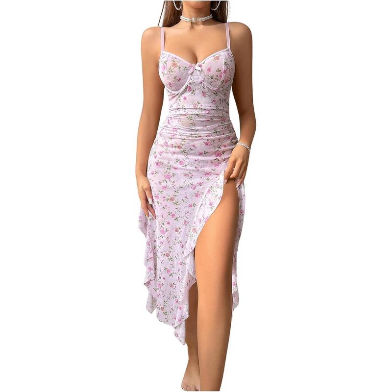 Women's Floral Babydoll Lingerie Dress High Slit Ruffle Long Nightgown with Thong dealsforyoudays