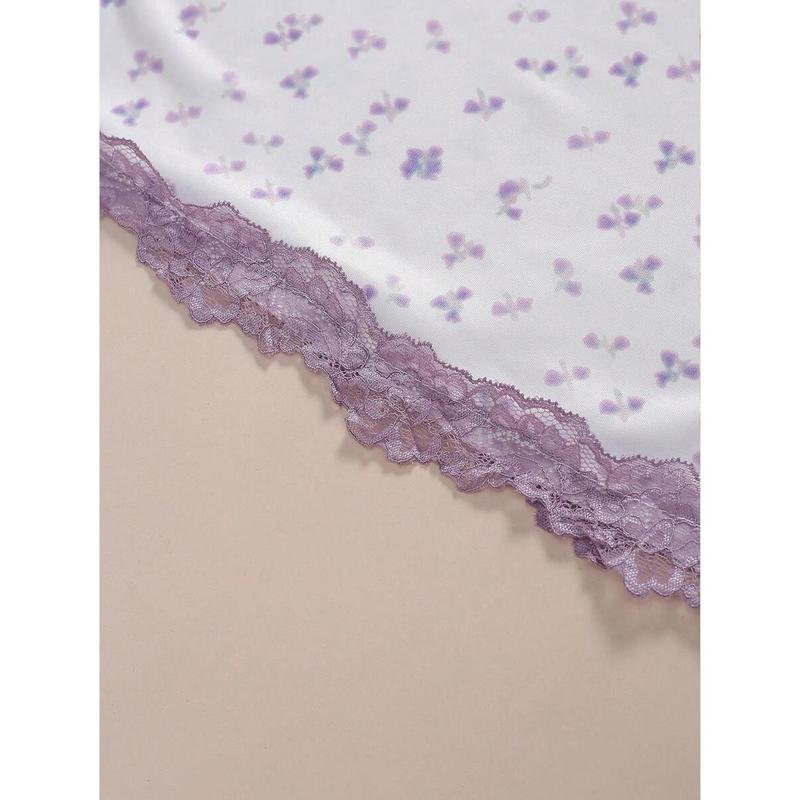 2 Pieces Women Sexy Purple Ditsy Floral Adjustable Strap Lace Patchwork Bow Bodycon Mini Nightgown Sleeve Womenswear Loungewear Nightwear Slip Sleeveless White