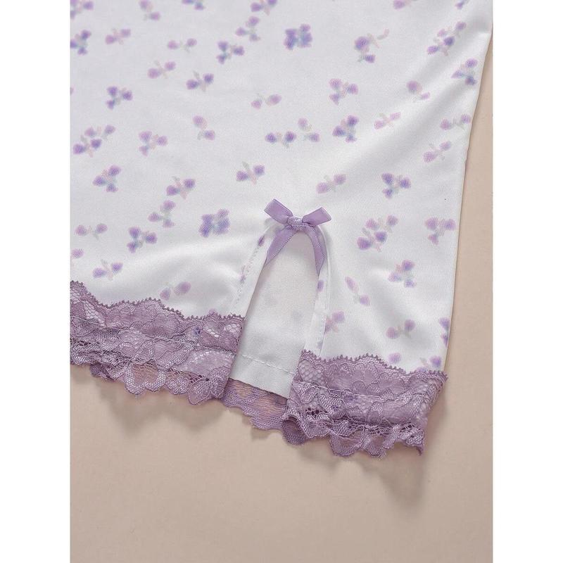 2 Pieces Women Sexy Purple Ditsy Floral Adjustable Strap Lace Patchwork Bow Bodycon Mini Nightgown Sleeve Womenswear Loungewear Nightwear Slip Sleeveless White
