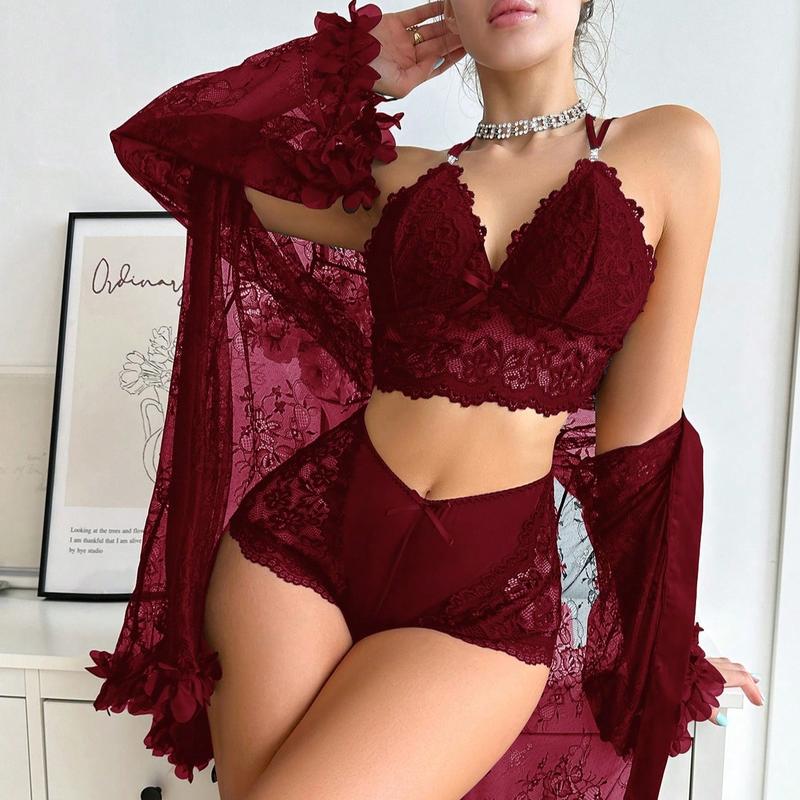 Silky Spell Women's Burgundy contrast night gown romantic neck teddy bodysuit one-piece woman Romantic Dress second vibes thong sexy sleepwear lacey elegant nightwear Vintage Preppy Plaid Crop Top acrylic blend Floral Lace Push-Up Lingerie Set