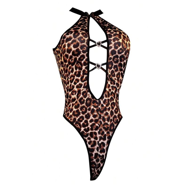 1pc Women's Sexy Leopard Print Jumpsuit With Criss-Cross Tie And Heart-Shaped Rhinestone Decor, Backless Hollow-Out Design, Highwaist Cutout Style, Intimate Apparel Fabric Lingerie Womenswear Day