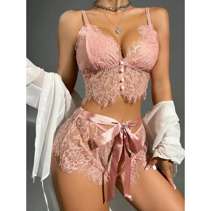 Floral Lace Button Front Bra & Boyshorts Sexy Lingerie Set Womenswear Piece Nightwear Bohemian