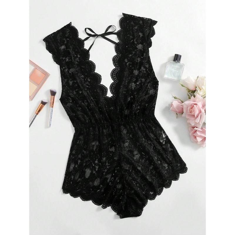 Plus Floral Lace Scallop Trim Romper Bodysuit Tops Bra Polyester Lingerie Womenswear Party