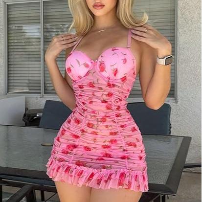 2 Piece Lingerie Set Floral Ruched Ruffle Babydoll Lingerie Chemise Nightgown Sleepwear Pink Loungewear