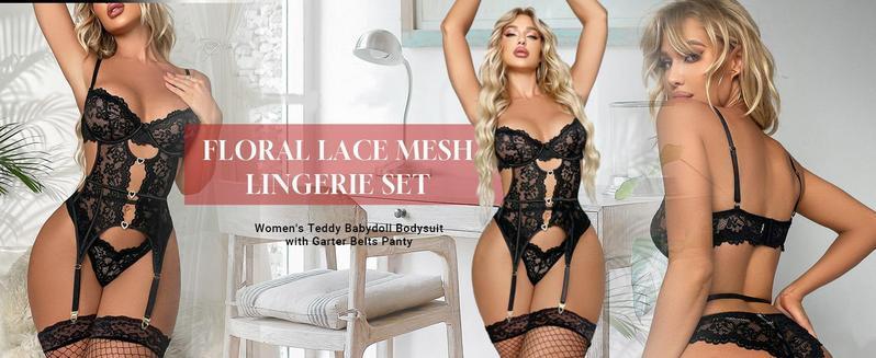 Women's Floral Lace Mesh Lingerie Set Teddy Babydoll Bodysuit with Garter Belts,Valentine's Day Gift,Minimalist Basic Nightgown Sleepwear Womenswear Comfort Sheer Fabric Soft Black
