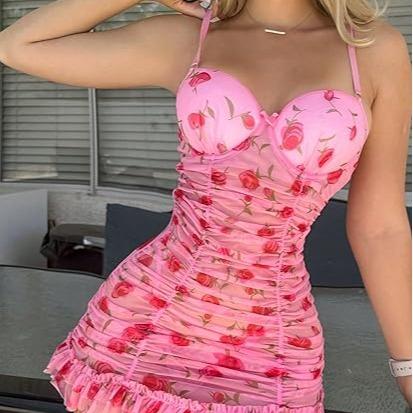 2 Piece Lingerie Set Floral Ruched Ruffle Babydoll Lingerie Chemise Nightgown Sleepwear Pink Loungewear
