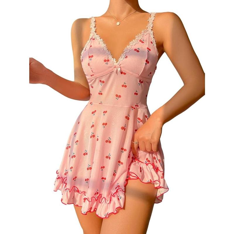 Cute Cherry Print Lace Trim Ruffle Hem Sleeveless Nightgown Chemise Comfy Nightwear