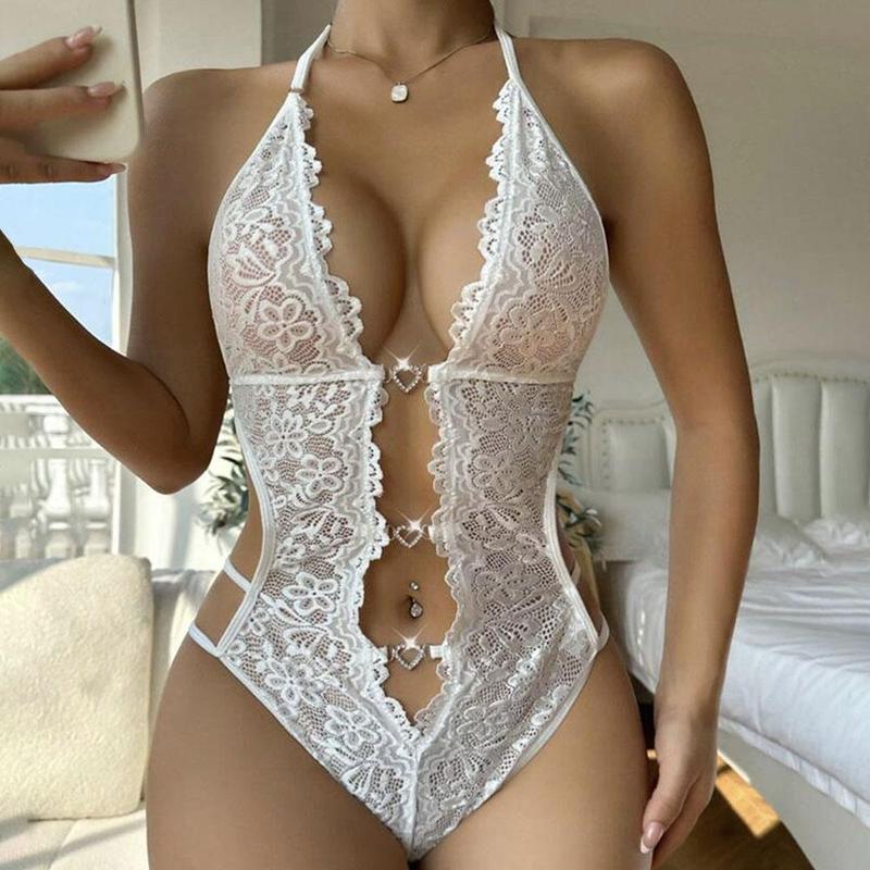 Ugreat Women's Floral Lace Rhinestone Ring Linked Sheer Teddy Bodysuit, Sexy fashion Contrast Lace Tie Backless Bodysuit for Daily Wear, Women's Lingerie for All Reasons Black Fabric