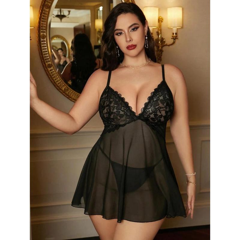 Plus Size Lace Splicing Mesh Sleeveless Dress Wireless And Thong Set, 2pcs Fabric Womenswear