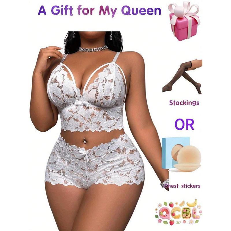 2-Piece Plus Size Women's Non-Wired Lace Bow Bra Set - Comfort Lingerie With Free Gifts, Perfect For Daily & Sleepwear Day Elegance