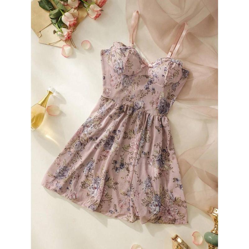 Women's Sexy Floral Print Slip Dress With Bow Decor Bowknot Casual Day