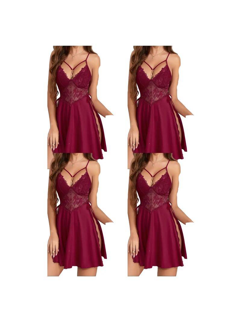 Women's Contrast Lace Backless Split Thigh Cami Nightdress, Adjustable Spaghetti Strap Sheer Nightgown, Women's Sleepwear for Summer, Valentine's Day Gift for Girl