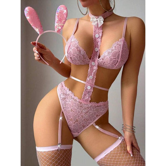 Valentine's Day Sexy Bunny Girl Lace Lingerie Set With Headband And Fishnet Stockings, 5pcs Fabric Womenswear