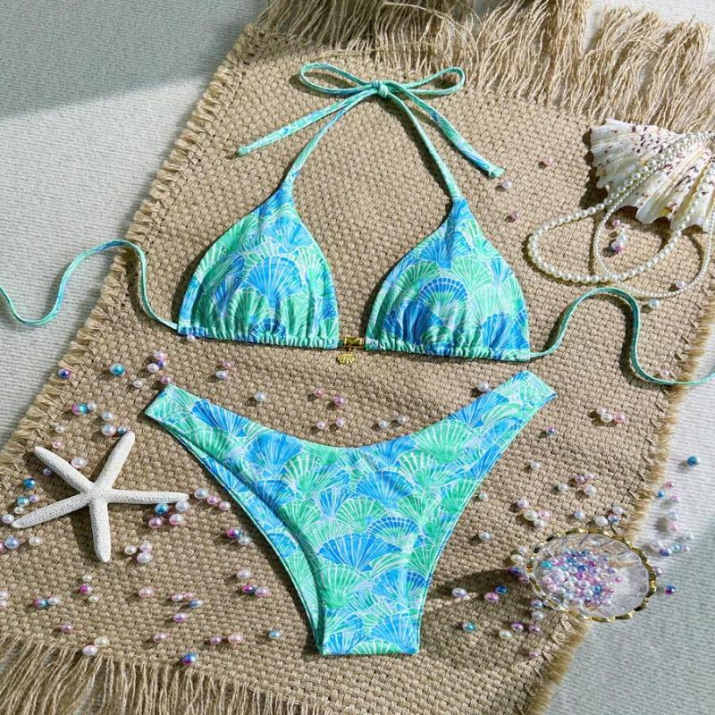 Swim Summer 2 Pieces Outfits For Women - Spaghetti Strap Random Print Top And High Cut Swim Bottoms, Beach Holiday Bikini Set