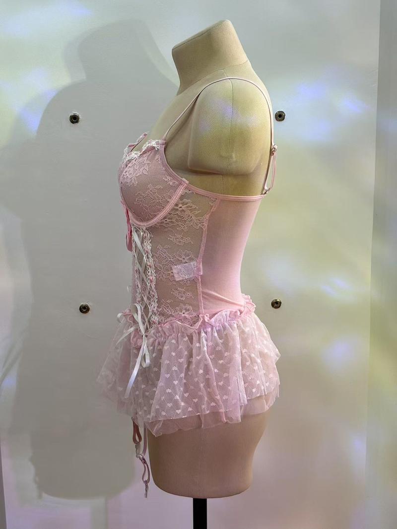 New sexy steel ring gathered temptation transparent mesh bow one-piece sexy underwear