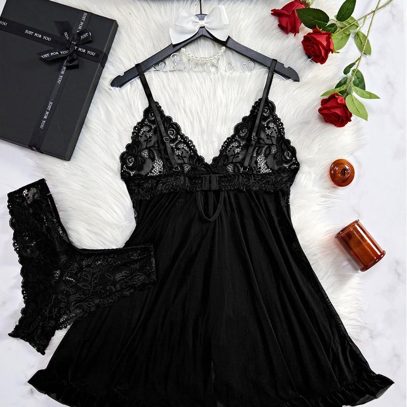 Ugreat Women's Contrast Lace Ruffle Trim Wrap Cami Nightdress & Bow Front Panty Set, Comfort Fabric Adjustable Spaghetti Strap Backless Sleep Dress & Knicker Set, Women Underwear, Lingerie for Women Piece Fit Elegant night gown Womenswear Aesthetic