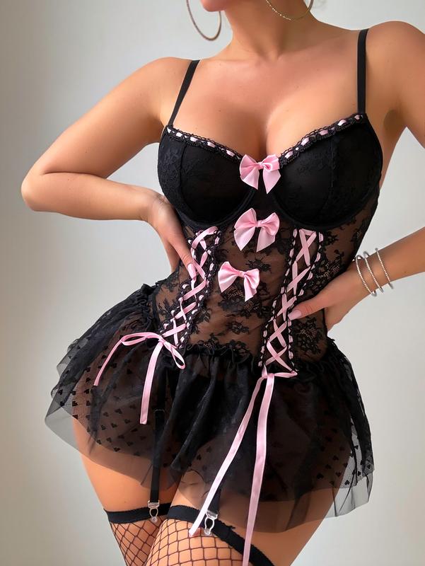 4 Piece Babydoll Lingerie Set Sexy Bow Lace Mesh Underwire Corset Top and Thong Set with Garter Stockings