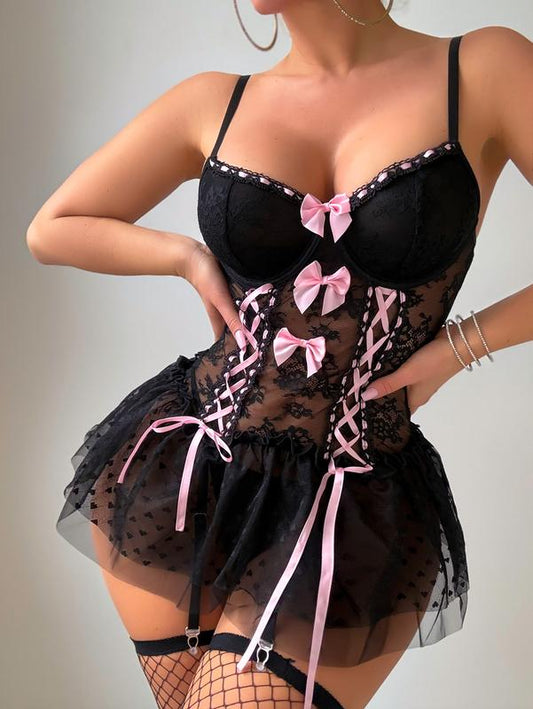 4 Piece Babydoll Lingerie Set Sexy Bow Lace Mesh Underwire Corset Top and Thong Set with Garter Stockings