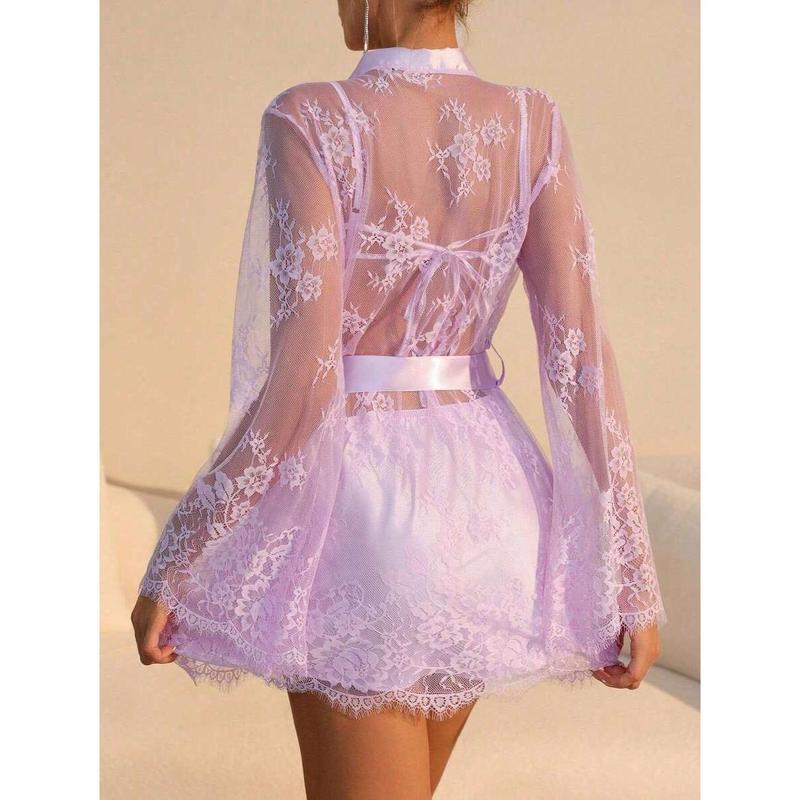 Women's Sexy 2-Piece Lingerie Set |   Babydoll & Lace Kimono Robe |   Mesh Sleep Dress With Gown |   Valentine's Day Gift |   Free Accessories Included Satin Womenswear Bra Elegance Embroidery Everyday