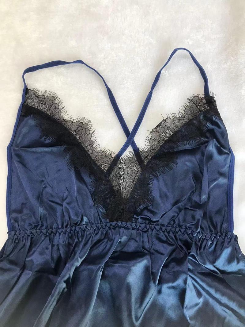 Women's Contrast Lace Criss Cross Backless Cami Nightdress, Split Hem Spaghetti Strap Nightgown, Women's Sleepwear for Summer