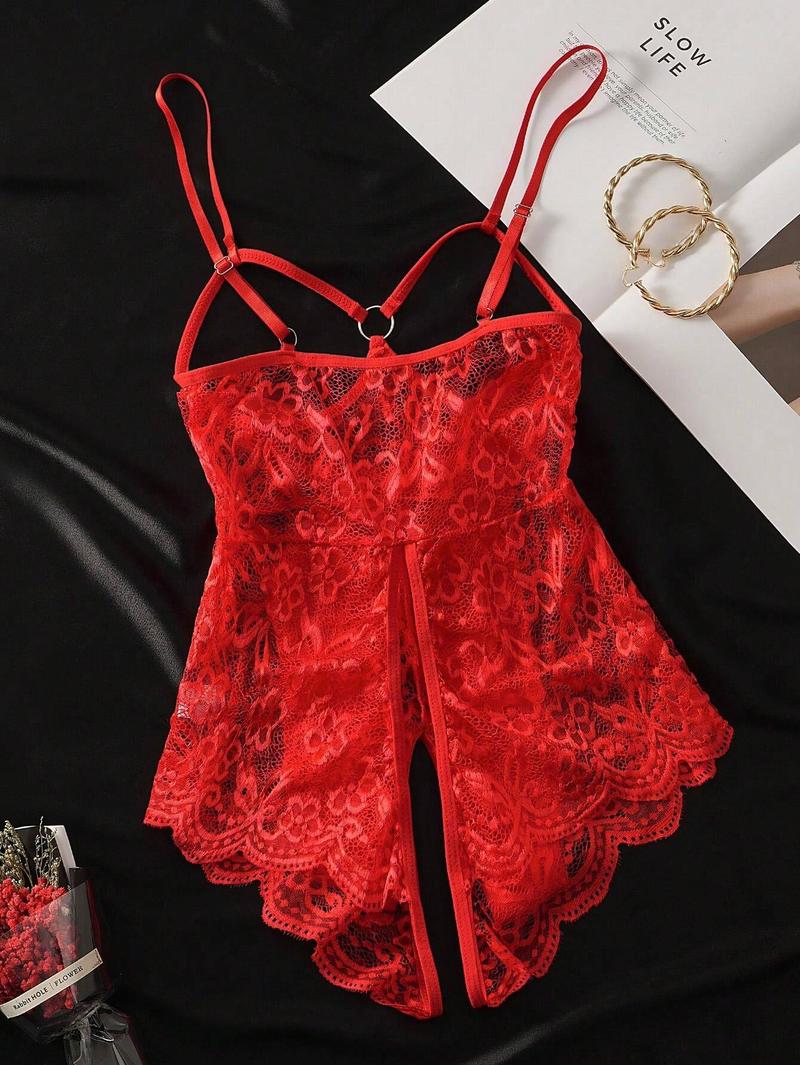 1pc Women's Sexy Lace Sheer Open Crotch Bodysuit for Party Wear