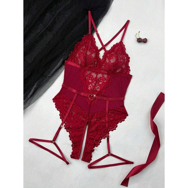 Classic Sexy 2pcs Women Lace Patchwork Jumpsuit (Strapless/Garter Belt) Lingerie Sheer Womenswear Bodysuits
