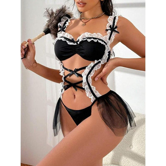 Ladies Sexy Lingerie (Sheer + Hollow-Out + Dress + Wireless) Fabric White
