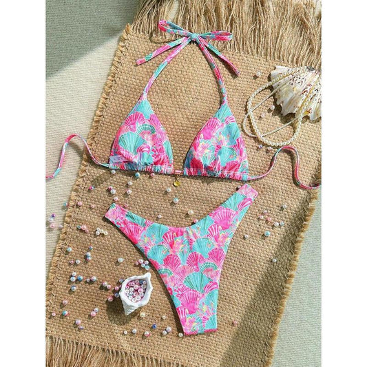 Swim Summer 2 Pieces Outfits For Women - Spaghetti Strap Random Print Top And High Cut Swim Bottoms, Beach Holiday Bikini Set