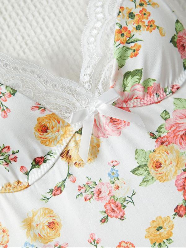 Women's Floral Print Contrast Lace Cami Nightdress, Elegant Soft Comfortable Spaghetti Strap Nightgown for Summer, Fashion Ladies' Sleepwear for Daily Wear