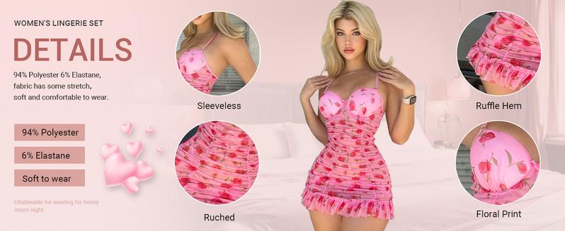 2 Piece Lingerie Set Floral Ruched Ruffle Babydoll Lingerie Chemise Nightgown Sleepwear Pink Loungewear