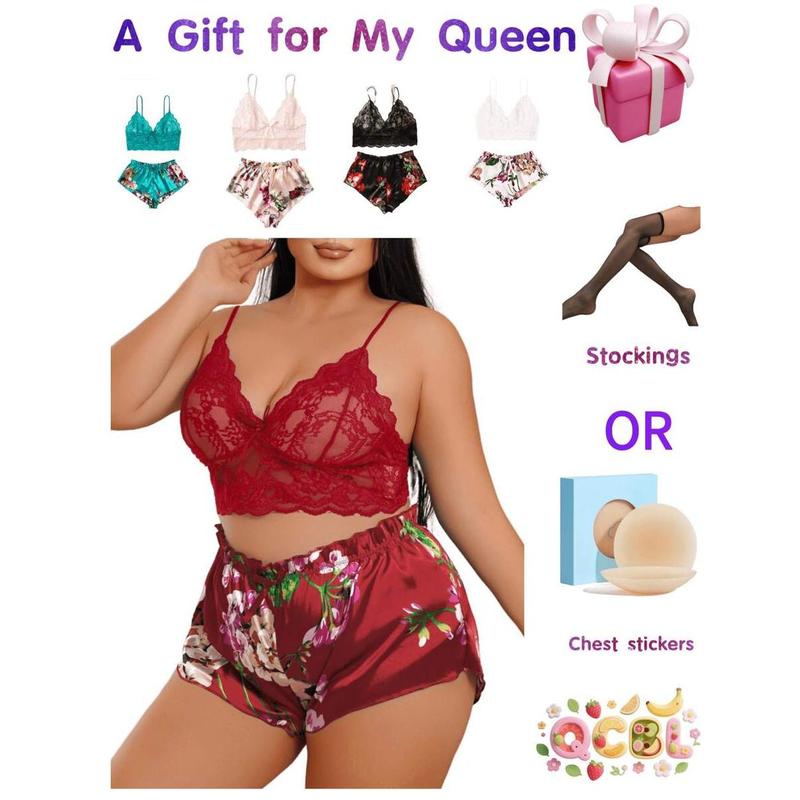 Plus Size Women's 2-Piece Lingerie Set - Floral Lace Cami Top With Satin Shorts Pajama Set |   Party Outfit & Home Wear |   Gift Included Bra Panty