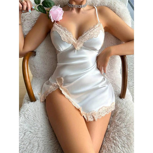 1pc Elegant Lace Trim Silk Nightgown, Sexy Slit Open Style Lingerie, Random Floral Print For Sleepwear & Loungewear Fabric Sleeve Fit Womenswear