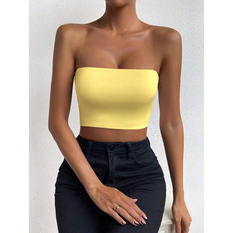 SolidTube Crop Top Fashion Fit Sleeve Womenswear Fabric Polyester Sheer Basic Minimalist
