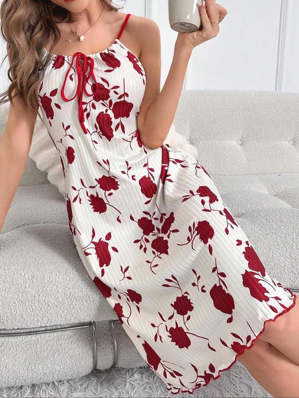 Women's All Over Floral Print Silky Lettuce Trim Cami Nightdress, Casual Soft Comfortable Spaghetti Strap Tie Front Nightgown for All Seasons, Fashion Ladies' Sleepwear for Daily Wear