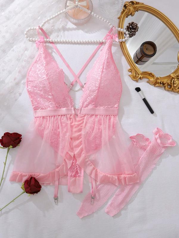 Deep V Neck Criss Cross Backless Garter Party Gift elegant nightwear button Criss Cross Backless Garter Sexy with Fishnet Stockings Vintage Preppy Plaid Crop Top Women's Red Pajama acrylic blend Floral Lace Push-Up Lingerie Set