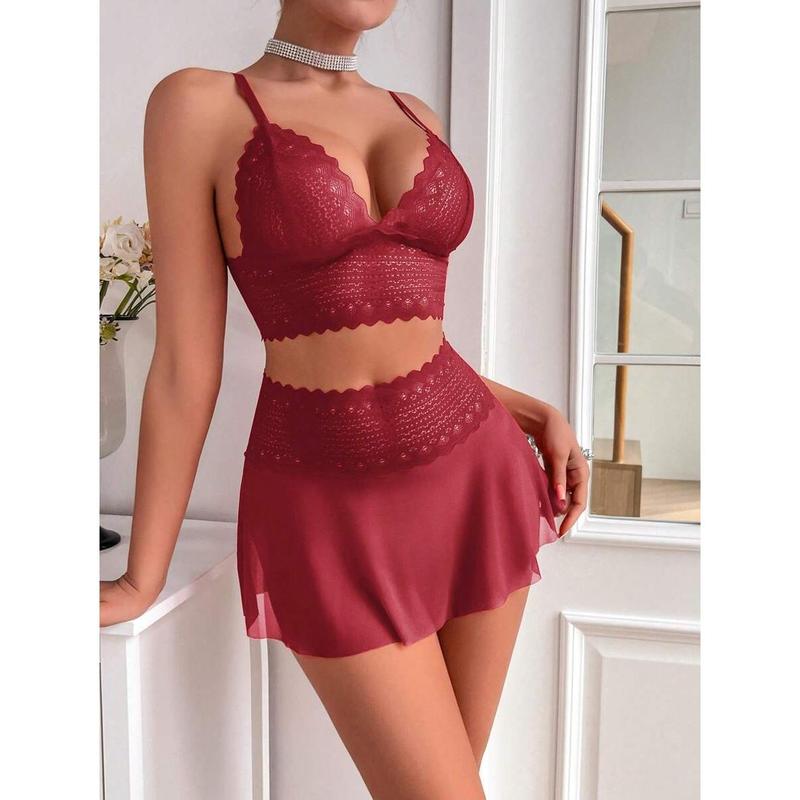 2pcs/Set Sexy Women's Lace & Mesh Wireless Lingerie Dress Fabric Polyester Womenswear Bra