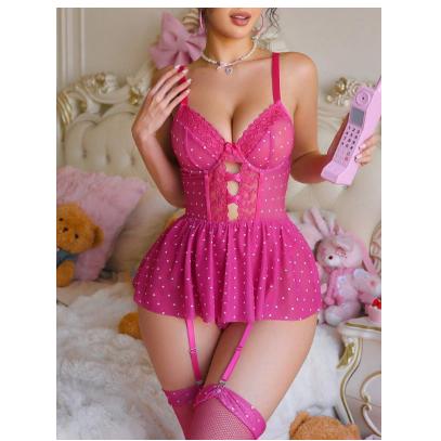 PetitDoll 3pcs Set: Lace Embroidery Sheer Lingerie Jumpsuit + Stockings For Ladies Piece Cute Polyester Womenswear Sleeve Fabric Hot Pink