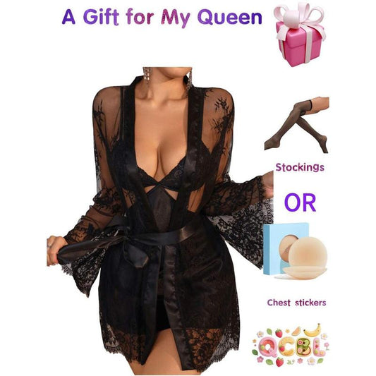 Women's Sexy 2-Piece Lingerie Set |   Babydoll & Lace Kimono Robe |   Mesh Sleep Dress With Gown |   Valentine's Day Gift |   Free Accessories Included Bra Elegance Fabric Satin Embroidery Everyday