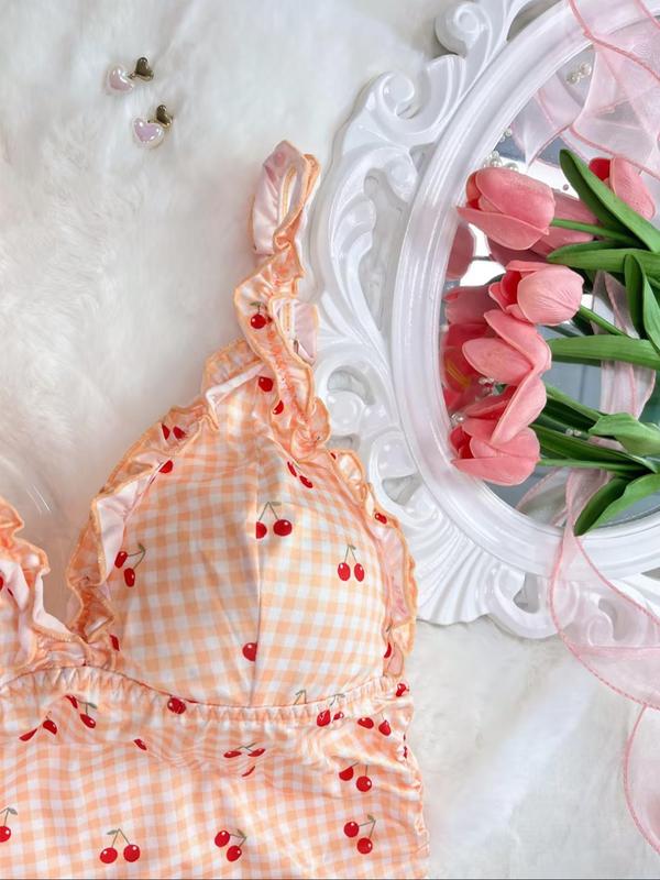 Women's Gingham & Cherry Print Frill Trim Ruched Ruffle Hem Cami Nightdress, Casual Soft Comfortable V Neck Backless Nightgown for Summer, Fashion Ladies' Sleepwear for Daily Wear