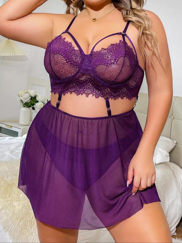 【Plus Size】 Contrast Lace Sheer Cami Nightdress & Panty Sexy Lingerie Set, Adjustable Strap Cut Out Nightgown & Knicker Set, Women's Nightwear Set for All Seasons