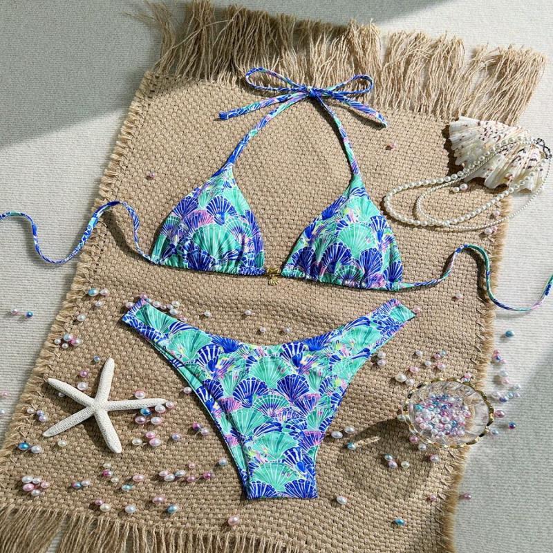 Swim Summer 2 Pieces Outfits For Women - Spaghetti Strap Random Print Top And High Cut Swim Bottoms, Beach Holiday Bikini Set